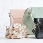 handbags made of mycelium leather, bio based sustainable alternative to leather made of mushroom spores and plant fibres. mushroom textile innovative materials. eco bio-gradable vegan leather