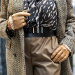 Elegant Fashion Details Stylish Women Outfit beige Leather Gloves and Belt, Tweed Blazer and Printed Blouse for Trendy Looks in Modern Wardrobes, neutral tones for fall and winter
